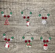 New Set Of 6 Handcrafted Wine Glass Charm Drink Markers, “Christmas” Theme