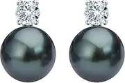 [DENGGUANG] Pearl Earrings for Women, 9-10mm AAAA Genuine Tahitian Black Pearls with Moissanite Diamond, Sterling Silver Jewelry Gifts for Mom Wife, Sterling Silver, Pearl