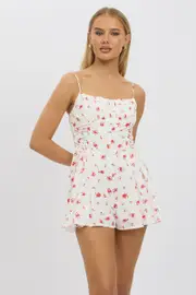 White Floral Playsuit Ruched Bust Strappy - Size 16XL, Women's Playsuit