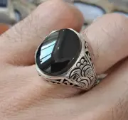 Natural Yemeni Agate Ring - Genuine Aqeeq Stone - Engraved Flower Partash Ring