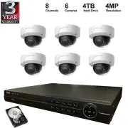 NVR Kit: 8 Channel NVR+4TB Hard Drive+4MP Dome IP Cameras (6 Pieces)