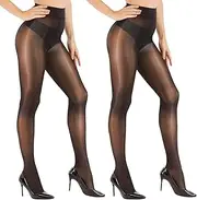 [ARRUSA] Women's Super Sexy Shiny Sheer Control Top Footed Tights Silk Stockings Ultra Shimmery High Waist Pantyhose, 2pairs Black, One Size