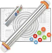 Rolling Pin and Silicone Baking Pastry Mat Set, Stainless Steel Dough Roller with Adjustable Thickness Rings, for Pizza, Pie, Pastries, Pasta, Cookies,etc. (Black)