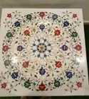 48" White Marble Square Coffee Table Top Carnelian Stone Floral Marquetry Art