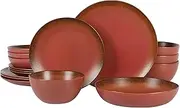 [Bloomhouse] Oprah's Favorite Things - Palermo Sun Double Bowl Stoneware Reactive Glaze Plates and Bowls Dinnerware Set - Paprika Red, Service for Four (16pcs)