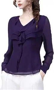 [Generic] Women Sailor Collar Chiffon Blouse Spring Summer Long Sleeve Tops Loose Fitting Casual Ruffles Shirts