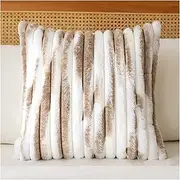 YEHOVRIA Khaki Striped Throw Pillow Covers Set of 2,Square Cushion Case,Home Decorative Couch Pillow Cover,Soft Cozy Faux Rabbit Fur & Velvet Back,Modern Neutral Decor for Bed,Sofa,Car(18x18 Inch)