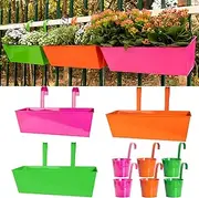 3 Pcs 16 Inch Railing Planter and 6 Pcs 5 Inch Hanging Flower Pots with Detachable Hooks for Balcony Fence Garden Yard Patio Porch Home Decor