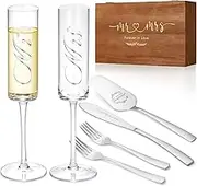 Galaxozent Wedding Champagne Flutes and Cake Knife Server Set of 6, Mr and Mrs Wedding Gifts for Bride and Groom, Enagement Bridal Shower Housewarming Gifts (Silver)