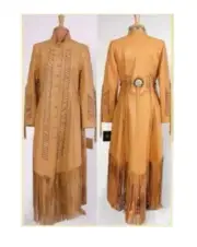Women's Tan Leather Beaded Fringes Long Wedding Dress Powwow Regalia