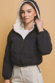 Excellence one Love Tree Zip Up Cropped Hooded Sherpa Reversible Jacket