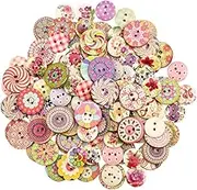 Foraineam 400pcs Mixed Wooden Buttons Bulk 2 Holes Round Decorative Wood Craft Button for Sewing Crafting