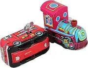 2pcs Vintage Wind-up Toys Tinplate Train Toys for Boys and Girls Desktop Dec