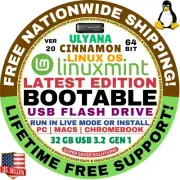 Linux MINT 20 USB Ulyana, Cinnamon 64-Bit Live Boot, Full Install MAC, PC