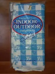 Vtg Paper Blue White Checker Tablecloth Poly-Backed Tissue Flower 48" x 96"