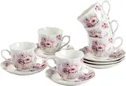 Espresso Coffee Cups and Saucers Set -2.8 OZ 6 PCS New Bone China Floral Tea Cup Sets with Flower Painting Pattern for Tea Milk Latte Cappuccino