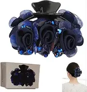 Elegant Rose Hair Clip, Navy Blue Floral Barrette with Rhinestones, Double Flower Design.hair accessories for women