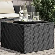 Garden Patio Side Table, Black Poly Rattan Square Coffee Table with Tempered Glass Top, Durable Outdoor Furniture for Backyard & Balcony