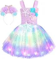 SKCAIHT Mermaid Costume for Girls Colored LED Light Up Little Mermaid Princess Tutu Dress for Halloween Birthday Party Gifts