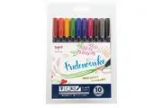 10pc Tombow Fudenosuke Hard Tip Brush Pen Art Drawing Colouring Sketching Set