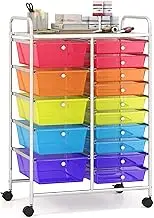 Giantex 15 Drawer Rolling Cart with Drawers, Storage Organizer Cart for Classroom Office School Teacher, Mobile Drawer Cart for Tools, Crafts, Small Printer, Paper (Clear Red+Orange+Green+Blue+Purple)