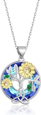 Tree of Life Sunflower Celtic CZ Necklace Blue Crystal Jewelry Gifts for Women