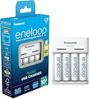 Panasonic Eneloop Basic USB Charger|for 2 or 4 AA/AAA Ni-MH Batteries, with 6 Safety featuresµ USB Charging Cable, Including 4 AA/Mignon Batteries,Improved Capacity of min 2000mAh, Blue, 52061040