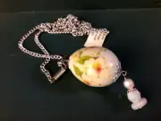 Vintage Handpainted Quail Egg Pendant Necklace Flowers Opal Faux Pearl 24" w/tag