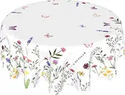Kawani Spring Summer Floral Round Tablecloth 60'' Wildflower Leaf Butterfly Table Cloth Rustic Vintage Farmhouse Polyester Table Cover Decorative Easter Holiday Indoor Outdoor Kitchen Dining Party