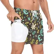 [GuoChe] Swim Trunks for Men Men's Double Layer Workout Running Shorts Pattern Money with Phone Pocket Bathing Suit for Men