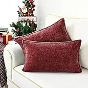 CaliTime Christmas Throw Pillow Cases Pack of 2 Cotton Thread Stitching Edges Solid Dyed Soft Chenille Cushion Covers for Couch Sofa Home Farmhouse Decoration 12 X 20 Inches Burgundy