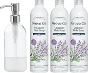 Grove Co. Ultimate Dish Soap Refills (3 x 16 Fl Oz) + Refillable Glass Dish Soap Dispenser for Kitchen Sink with Non-Slip Silicone Sleeve, No Plastic Waste Cleaning Products, Lavender Blossom & Thyme
