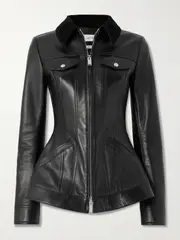[MCQUEEN] MCQUEEN - Corduroy-trimmed Leather Peplum Jacket - Black - IT40 IT 40 Black