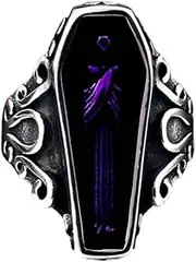 [Ymall] Gothic Coffin Ring with Purple Inlay, Vintage Skull Design, Titanium Punk Biker Ring
