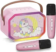 Karaoke Machine for Kids Adults, Unicorn Birthday Easter Gifts Toys for 4 5 6 7 8 9 10 11+ Year Old Girls Boys Toddler, Portable Bluetooth Speaker with 2 Wireless Microphones (Pink Unicorn-Two)