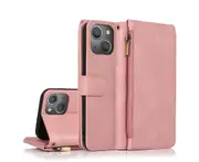 For iPhone 13 Mini Case, Leather Zipper Purse Flip Cover Case with Card Slot Holder Wrist Strap Lanyard (Pink)