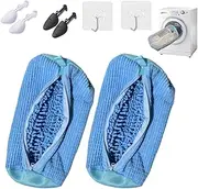 [Generic] Shoe Washing Machine Bag for Laundry,Washing Shoe Bags with 2 Pairs of Adjustable Shoe Trees,Fluffy Fibers Keep 360° Wrap-Around Shoes Cleaning Bag,Reusable Washing Bags for All Shoes Sizes(Blue)