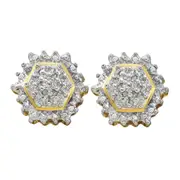 10k Yellow Gold Round Diamond Hexagon Geometric Cluster Earrings 1/10 Cttw