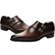 Handmade Men's Brown Color Monk Shoes Double Strap Genuine Leather Dress Shoes