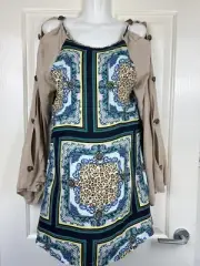 One Teaspoon Mini Dress S 8 10 Long Slit Sleeve Leopard Hippie Boho Beach New