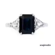 14K White Gold Finish Wedding Jewelry Ring 2.55CT Emerald Cut Real Blue Sapphire