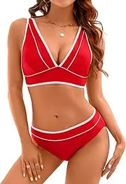 [Jolefille] V Neck Bikini Sets for Women Color Block Two Piece Swimsuits Sexy Triangle Bikini Cheeky Push Up Bathing Suit