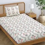 SheetKart Pure Cotton Floral Printed Jaipuri Bedsheet for Single Bed with 1 Pillow Cover - Pink Lily