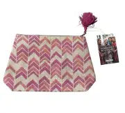 NWT Neiman Marcus Cosmetic Pouch/ Makeup Bag 9" x 7" x 3" Geometric Red & Beige