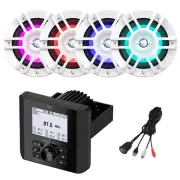 Marine Bluetooth Receiver, 4x 6.5" 300W LED Boat White Speakers, USB/AUX Adapter