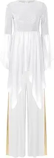 [FEESHOW] Women Praise Dance Outfits Flared Sleeve Sequins Worship Tunic with Pants Liturgical Lyrical Dancewear