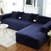 2 Pieces Sofa Cover for L-Shape Sectional Sofa, Super Stretch Sectional Couch Covers L Shape Sofa Cover Set, Printed L-Shaped Sofa Slipcovers for Pets (Velvet Navy Blue, L-Shape 2+3 Seats)