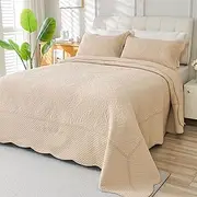 Cmfshape 100% Cotton Quilt Oversized King Size-Beige Bedspread 128"x120"-Coin Pattern Bedding Set 3 Pieces-Pre-Washed Lightweight Microfiber Coverlet-Suitable for Bed,Couch,Quilt Blanket All Seasons