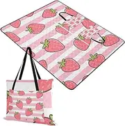 Yoogain Picnic Mat Sand Free Beach Beach Blankets Waterproof Sandproof for 8 to 10 Adults Summer Gift Pink White Striped Fruit Strawberry 60x80in