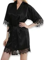 [Elkuaie] Satin Bathrobe, Lace-edge Nightgown, Women's Home Clothes, Satin Robe, Bridal Bridesmaid Silk Bathrobe, V-neck Nightgown, Summer Home Clothes, Women's Kimono Morning Robe, Sexy Nightdress